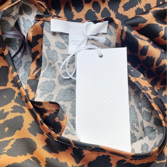 NWT Hugo Boss Dress Long Sleeve Midi Length Black & Brown Animal Print Size 8 - Picture 10 of 15